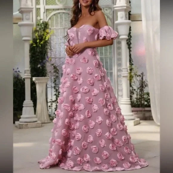 Luxe Pink off shoulder Applique party formal evening wedding dress - Picture 4 of 6